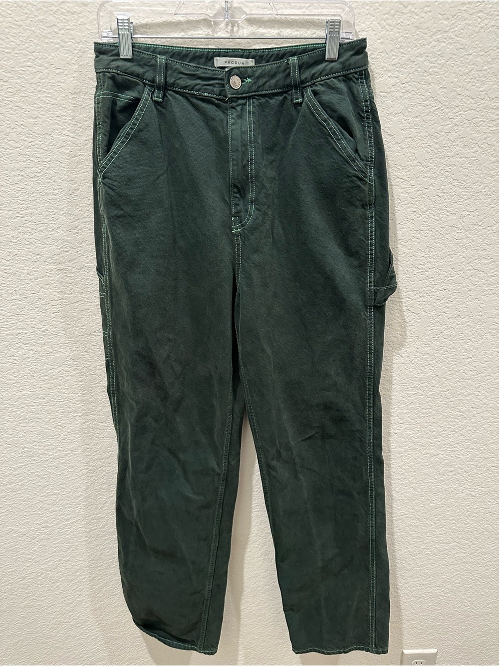 PacSun Womens Forest Green Contrast Stitch Carpenter‎ Utility Pants Straight Leg
